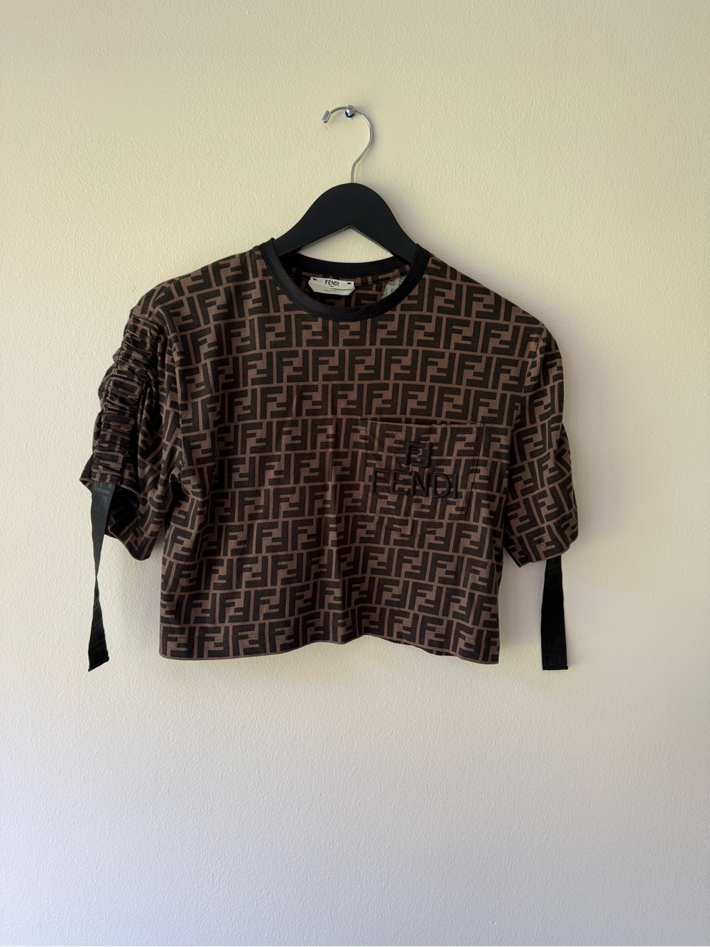 Fendi Authentic Cotton Brown FF Logo Monogram Cropped Tee with Ribbon Detail. XS